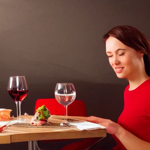 Prompt: sketch of a girl in a red dress on a date night sitting on the table from front with a wine sushi on the table