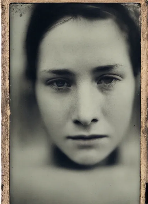 Image similar to high resolution close up portrait of a young women, photo realistic, elegant, award winning photograph, parallax, cinematic lighting, ambrotype wet plate collodion by martin shuller, richard avedon dorothe lange and and shane balkowitsch