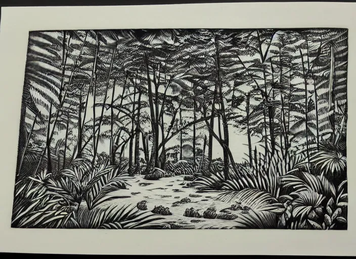 Image similar to a beautiful wood engraving on paper of the jungle