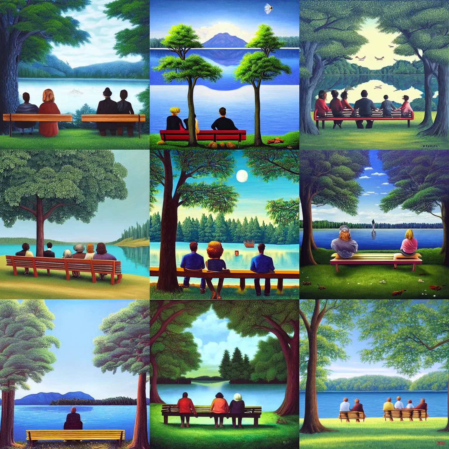 Prompt: “a painting of group of friends sitting on a bench in a park looking at lake surrounded by tree by Rob Gonsalves”