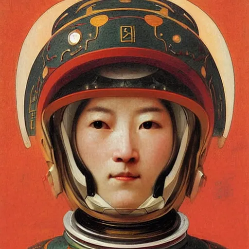 Image similar to portrait of a astronaut is a chinese dragon in armor and helmet, majestic, solemn, by bouguereau