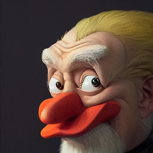 Image similar to hyperrealistic mixed media image of Scrooge McDuck !!duck face!!, stunning 3d render inspired art by István Sándorfi and Greg Rutkowski, perfect facial symmetry, realistic, highly detailed attributes and atmosphere, dim volumetric cinematic lighting, 8k octane extremely hyper-detailed render, post-processing, masterpiece,