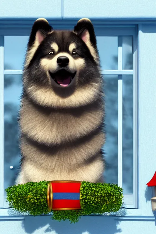 Prompt: happy finnish lapphund dog wearing a crown at house window. pixar disney 4 k 3 d render funny animation movie oscar winning trending on artstation