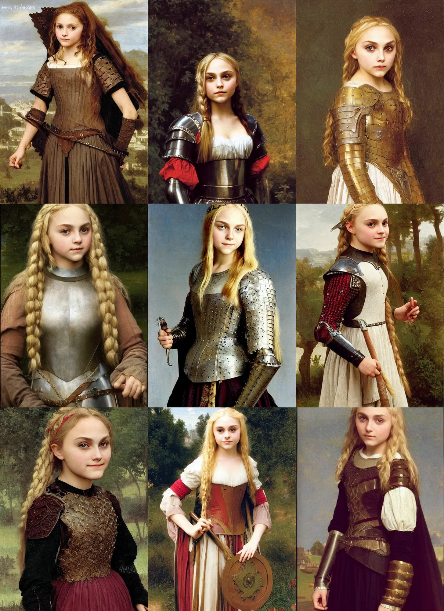 Prompt: portrait 12 yo annasophia robb wearing medieval armour, long blond hair, bouguereau