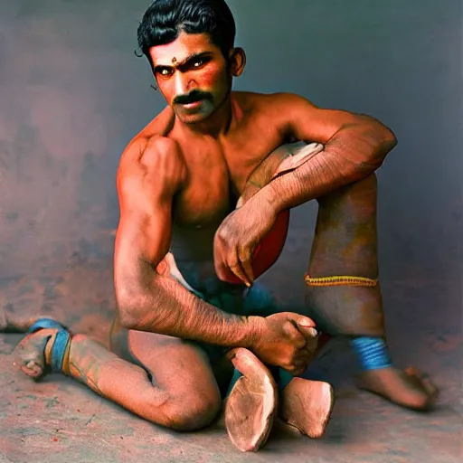 Prompt: color photo, portrait of indian kushti wrestler by richard avedon, realistic, Leica, medium format, cinematic lighting, parallax, high resolution,