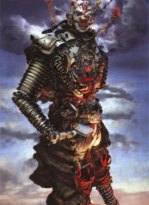 Image similar to portrait of a diabolical cyborg clown samurai, torn cape, adaptive armor, dynamic pose, heavy eyes to the side, ancient ruins, glowing veins subsurface scattering, in clouds, sunset, portrait, by gerald brom, by mikhail vrubel, by peter elson, muted colors, extreme detail, reflections, trending on artstation, 8 k