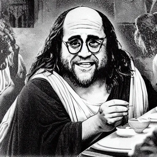 Image similar to Danny DeVito as Jesus in the last supper