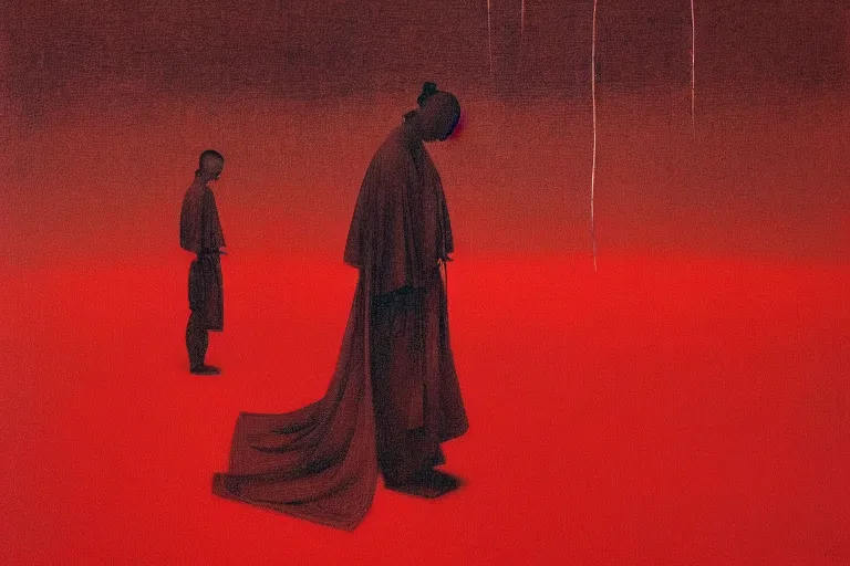 Image similar to only with red, a red samurai harakiri, tokio, a lot of frogs watch, in the style of beksinski, parts by edward hopper, parts by rodcenko, parts by yue minjun, intricate and epic composition, red by caravaggio, insanely quality, highly detailed, masterpiece, red light, artstation, 4 k