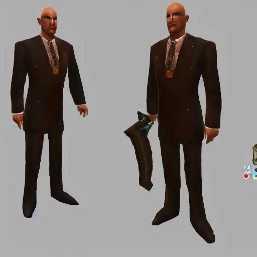 Image similar to Alexander Lukashenko wearing a suit and tie in Balmora in Elder Scrolls III: Morrowind, outdated 2002 Morrowind graphics, low definition, lowpoly