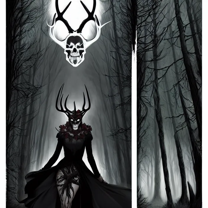 Image similar to style artgerm, joshua middleton, diego fazio, rafael albuquerque : : scary wendigo with antlers and skull face mixed with werewolf : : [ [ beautiful witch wearing a black dress, symmetrical face, on the right side ] ] : : in the forest, detailed, dark and foggy, cinematic lighting