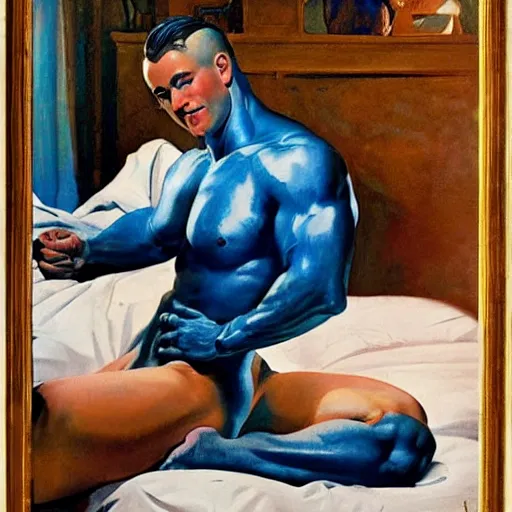 Image similar to oiled up glossy 2 5 y. o. muscular genie with blue skin posing in bed painted by j. c. leyendecker, morning sunlight, greek, dramatic, romantic, detailed, realistic
