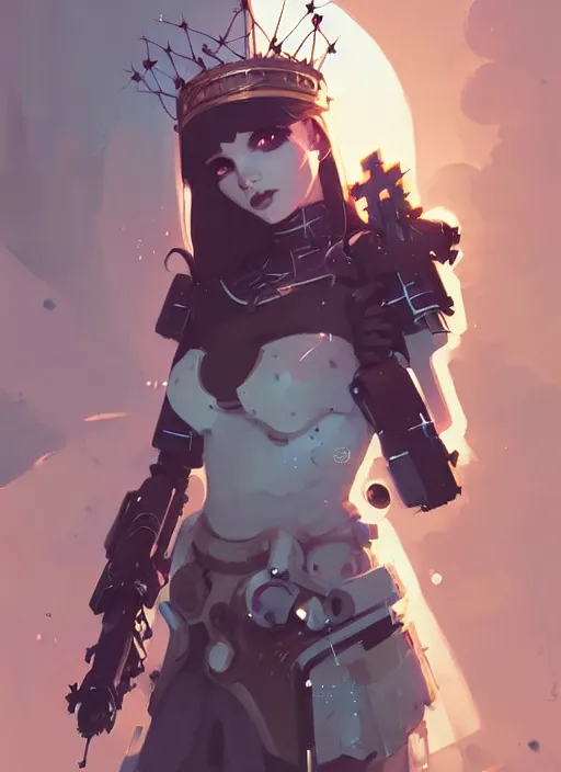 Image similar to portrait of cute maiden girl with crown of thorns in cyber armor, warhammer, cyberpunk, by atey ghailan, by greg rutkowski, by greg tocchini, by james gilleard, by joe fenton, by kaethe butcher, dynamic lighting, gradient light blue, brown, blonde cream and white color in scheme, grunge aesthetic