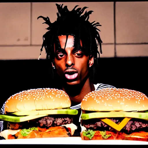 Image similar to a realistic photo of playboi carti eating a travis scott burger, film grain, vintage photo, high contrast