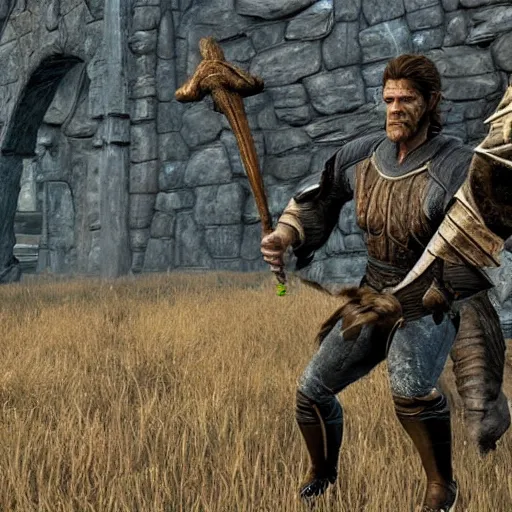 Image similar to willem dafoe in skyrim giant with a club