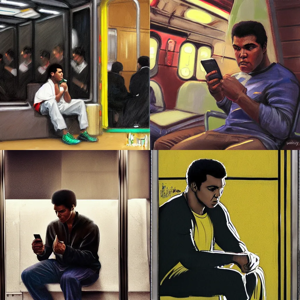 Prompt: Portrait of Muhammad Ali texting on an iPhone, sitting on a subway. Highly detailed. Art by Waterhouse. Moody lighting and tone.