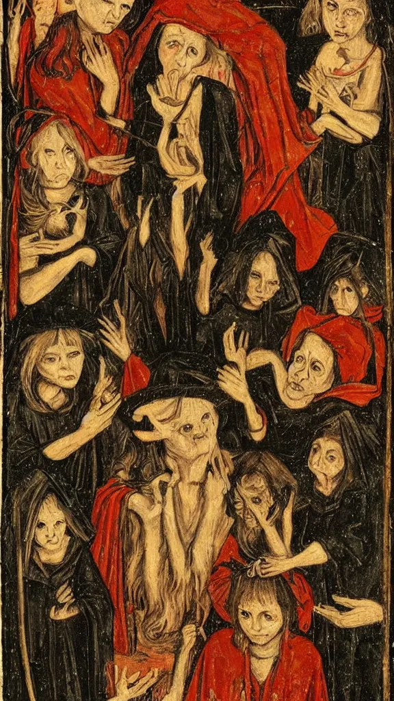 Image similar to witches with haunting eyes, medieval painting