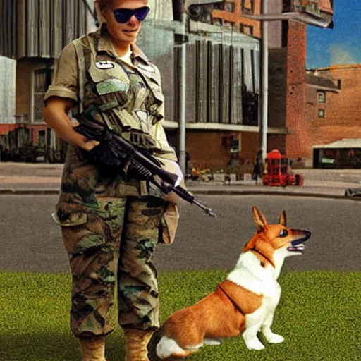 Image similar to female soldier with corgi sniffer dog, old photograph in sci-fi city digital art