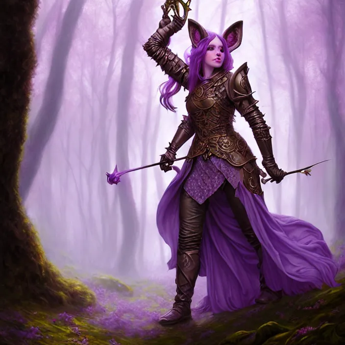 Image similar to d & d bard with her lilac leather armor in a forest, volumetric lighting, fantasy, intricate, elegant, highly detailed, lifelike, photorealistic, digital painting, artstation, fox ears illustration, concept art, sharp focus, by john collier and albert aublet and krenz cushart and artem demura and alphonse mucha