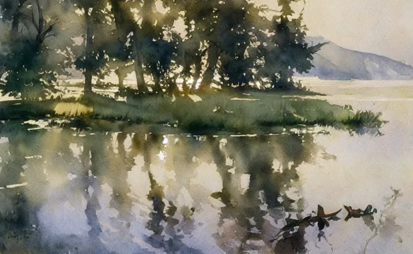 Image similar to watercolor lanscape by anders zorn, very very very very beautiful art, dramatic light, water reflections, aquarelle paint splashes and drips, drops