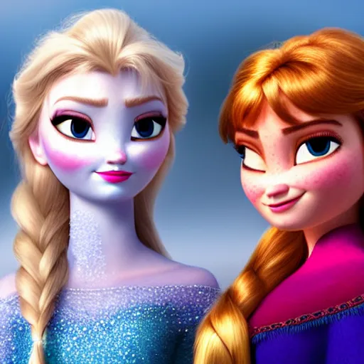 Prompt: elsa & anna, portrait, highly detailed, trending on artstation, hyper realistic, sharp focus, 1 0 0 mm, photograph