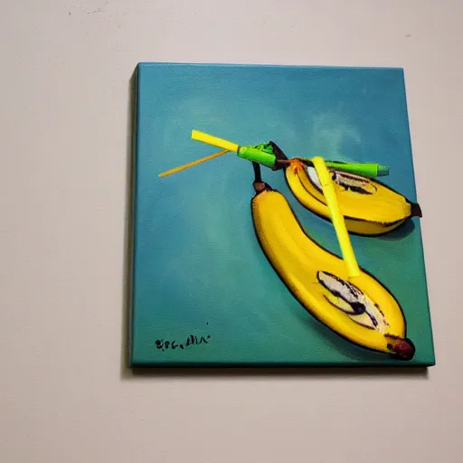 Image similar to oil painting impressionist stopwatch and banana in the shape of an arrow flying through the air, ( bugs buzzing around ), whimsical, detailed,