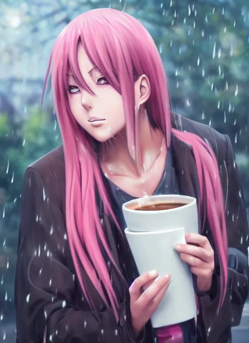 Image similar to a realistic anime painting of a girl with pink hair drinking a hot coffee on a rainy day. Close up of face. cinematic, 4k, artstation, beautiful