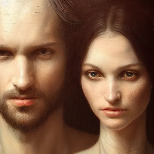 Prompt: breathtaking soft painting of adam and eve at, forbidden tree, symmetrical faces, detailed faces, art concept, artstation, realistic symmetrical face features, rembrandt style, elegant, highly detailed, artstation, concept art, matte, sharp focus, art by tom bagshaw, and greg rutkowski