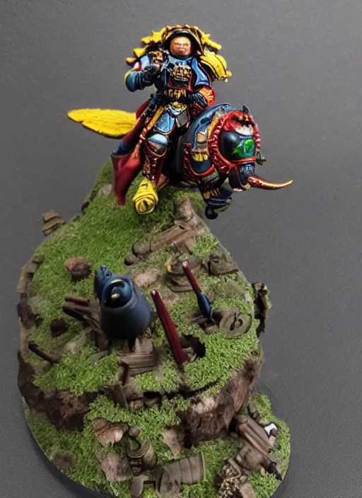 Prompt: 8 0 mm resin detailed miniature of a warhammer 4 0 k space marine riding a hummingbird, product introduction photos, 4 k, full body,