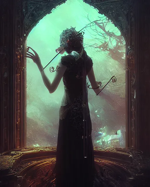 Prompt: fantasy gothic violin, fractal crystal, beauty portrait, by WLOP and Victo ngai, lineage 2 revolution style, unreal engine, beautifully lit, highly detailed, fantasy art by Craig Mullins and Thomas Kinkade