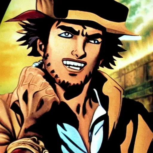 Image similar to a film still of Joseph Joestar from Battle Tendency in Raiders of the Lost Ark(1981)