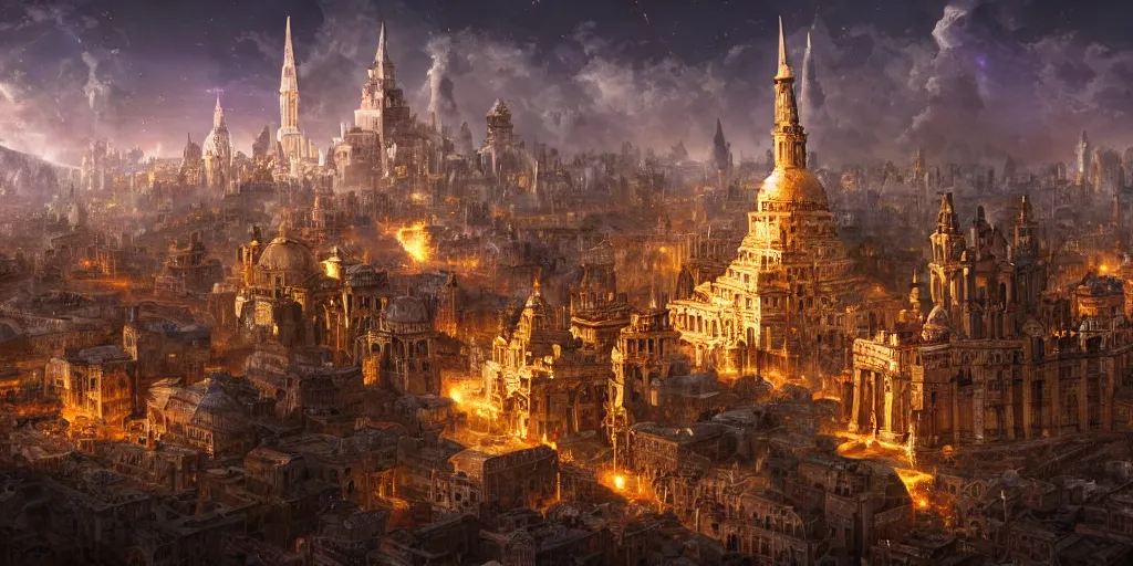 Image similar to magical city of the Great Tartarian Empire adorned with amazing lost technology, lighting resembling fireflies, spires from rooftops collecting and distributing etheric energy, the centerpiece of the city is a colossal ancient pyramid made of metal, cityscape, combining intense detail & utmost quality, Christian Hecker, Artstation, - H 832