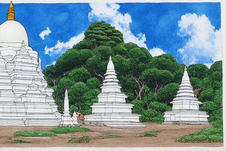 Image similar to sri lankan white stupa, drawn by hayao miyazaki