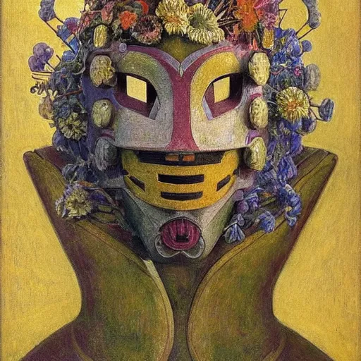 Prompt: a robot wearing a mask made of flowers, by annie swynnerton and diego rivera and nicholas roerich and jean delville, symbolist, dramatic lighting, elaborate geometric ornament, art brut, soft cool colors, smooth, sharp focus, extremely detailed, adolf wolfli and donato giancola