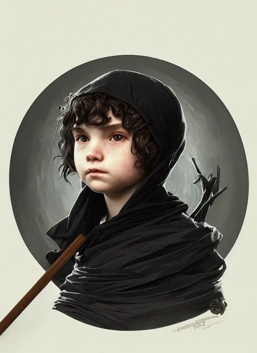 Image similar to perfectly - centered - portrait of a kid wearing black cloak holding stick, intricate, highly detailed, digital painting, artstation, concept art, smooth, sharp focus, illustration, unreal engine 5, 8 k, art by artgerm and greg rutkowski and alphonse mucha