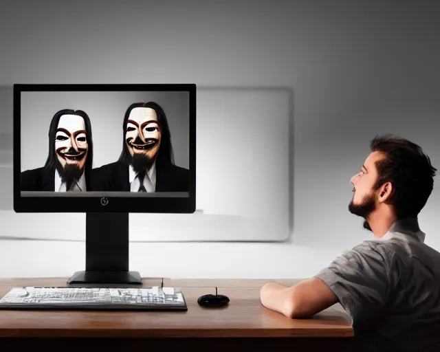 Prompt: man wearing guy fawkes mask looking at computer monitor, corporate photo, cinematic lighting