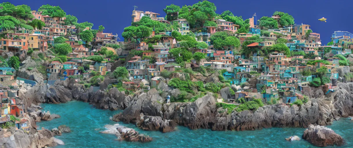 Prompt: pixar 3D render, by studio ghibli, (french bande dessinée), solarpunk, 1244, fantasy setting, jrpg, mediterranean landscape, quaint old village, cinq terre, highly detailed, luminous, white rock, bright beautiful teal sky and sea, style by moebius, radiosity, concept art, unreal engine