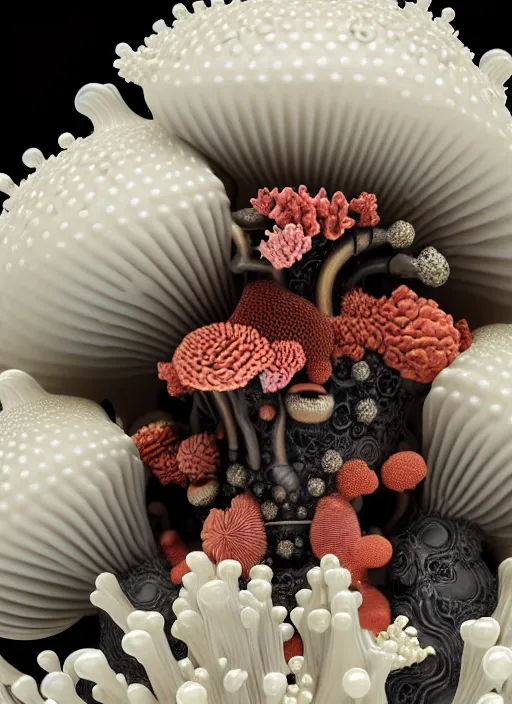 Image similar to perfume bottle standing in a miniature biomechanical black enchanted coral kingdom made of corals, mushrooms, puffballs, rhizomorphs in an ivory room well contoured smooth fair walls, up close shot, sharp focus, global illumination, radiant light, alexandre ferra white mecha, irakli nadar, octane highly render, 4 k, ultra hd,