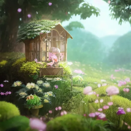 Image similar to a tiny cute fairy in a flower house, realistic beautiful face, large eyes, cute, adorable, volumetric light, octane render, studio ghibli, trending on artstation