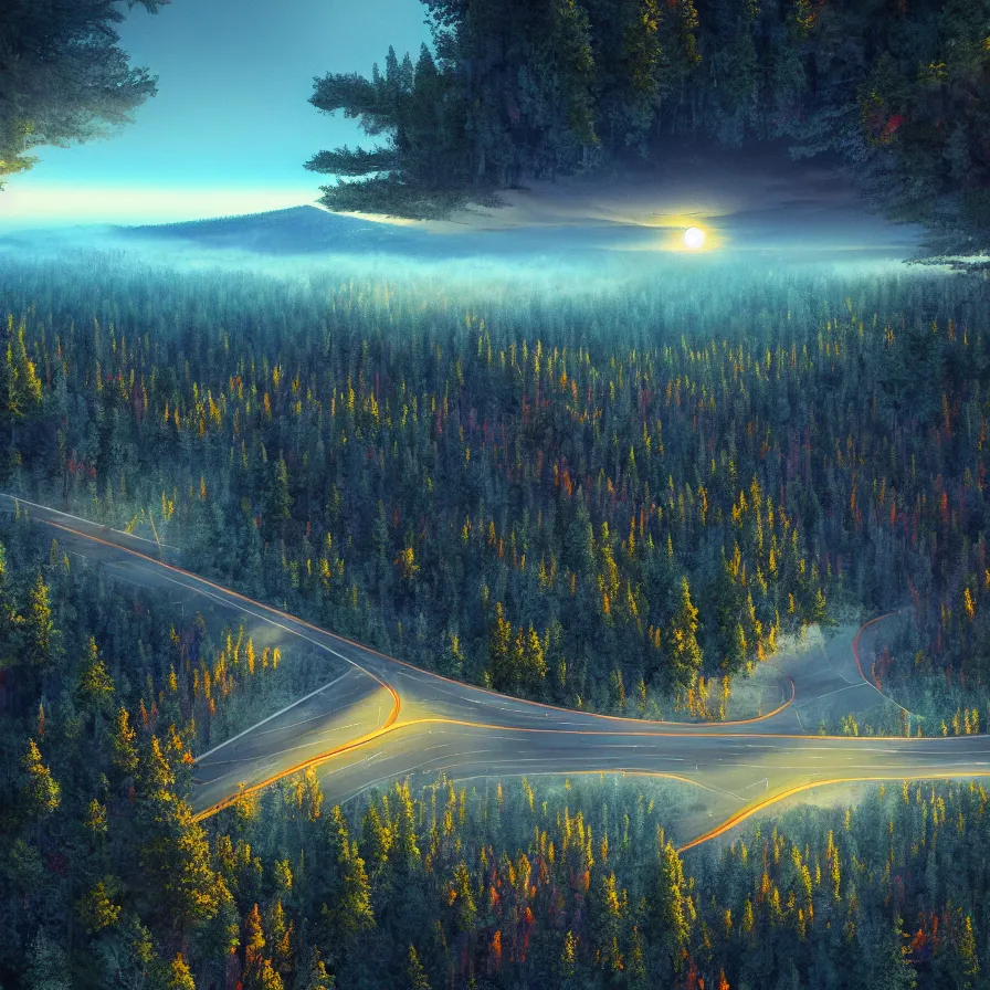 Prompt: surrealist semiabstract rendition of an epic highway road going down to the horizon through a thick pine forests and rocky mountain coasts plunging into an immense sunset. bird view, atmospheric foggy landscape, psychedelic, ultra realistic, modern art, photorealistic, octane render, by nori inoguchi and sam kaplan and zachary goulko and christopher marley