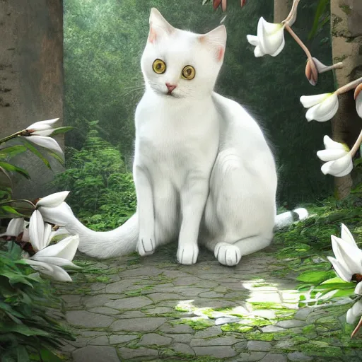 Prompt: cute cat with white magnolia trees inspired by Ferdinand Knab, artstation, 8k, photorealism
