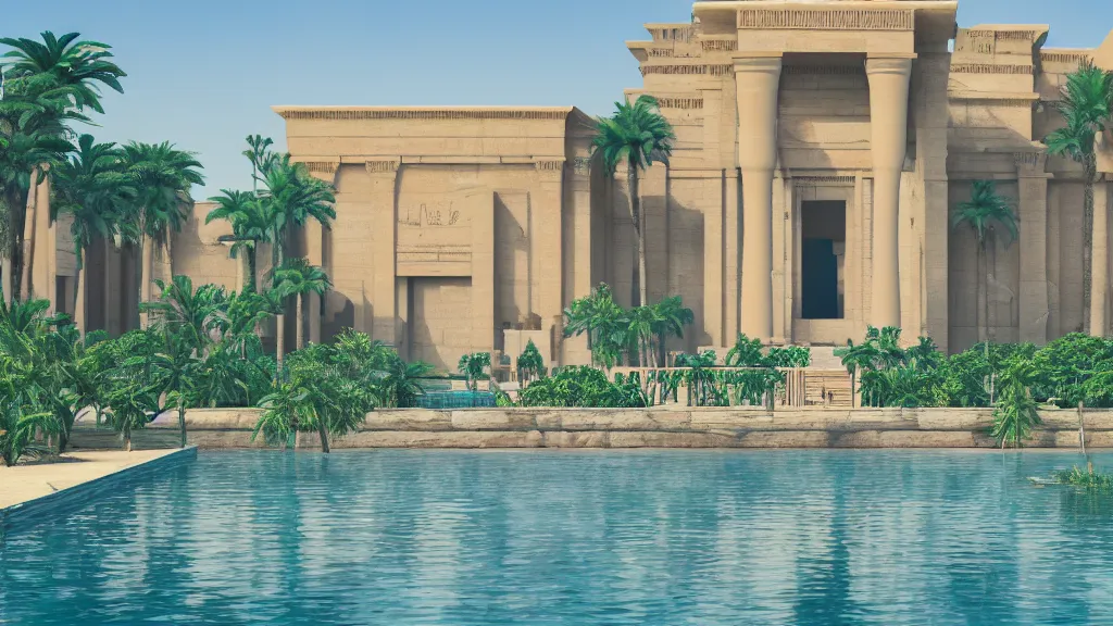 Image similar to a photograph of the front of a new egyptian palace, with a small pool in front, exterior view, close - up, mid - day, palm trees and lush vegetation, hieroglyphs on the buildings, ray - traced reflections of the buildings and trees in the water