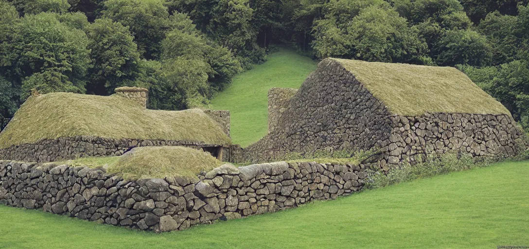 Prompt: scottish blackhouse designed by zaha hadid. outdoor landscaping designed by roberto burle marx. fujinon premista 1 9 - 4 5 mm t 2. 9. portra 8 0 0.