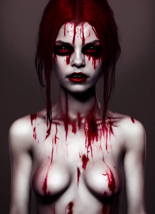 Image similar to full body portrait, vampire queen, blood, highly detailed, CGsociety, subtle, concept art, HDR, hyper realistic, volumetric lighting, subsurface scattering, unreal