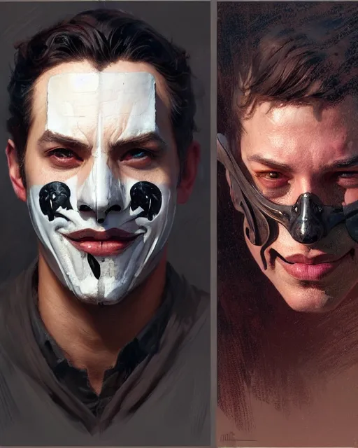 Image similar to a man in a mask : left - half a sad rotten face, right - half a cheerful face, fine details, realistic shaded lighting poster by greg rutkowski, magali villeneuve, artgerm, jeremy lipkin and michael garmash and rob rey