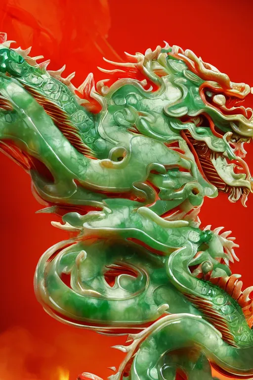 Prompt: a chinese dragon carved from translucent jade, dynamic pose, close - up, intricate details, intricate textures, warm lighting, vivid colors, smoke and mist, realistic octane render, hyper realistic render, volumetric shading, depth of field, raytracing, 8 k,