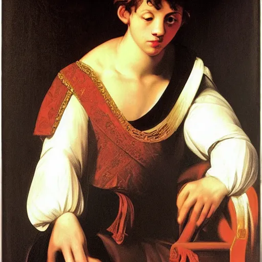 Prompt: Young aristocrat! sitting upon a throne, by Caravaggio, high contrast lighting