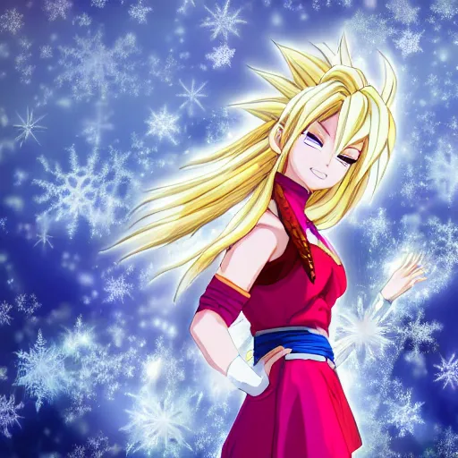 Prompt: portrait focus of super saiyan beautiful 3 d anime girl posing, frozen ice dark forest background, snowing, bokeh, inspired by masami kurumada