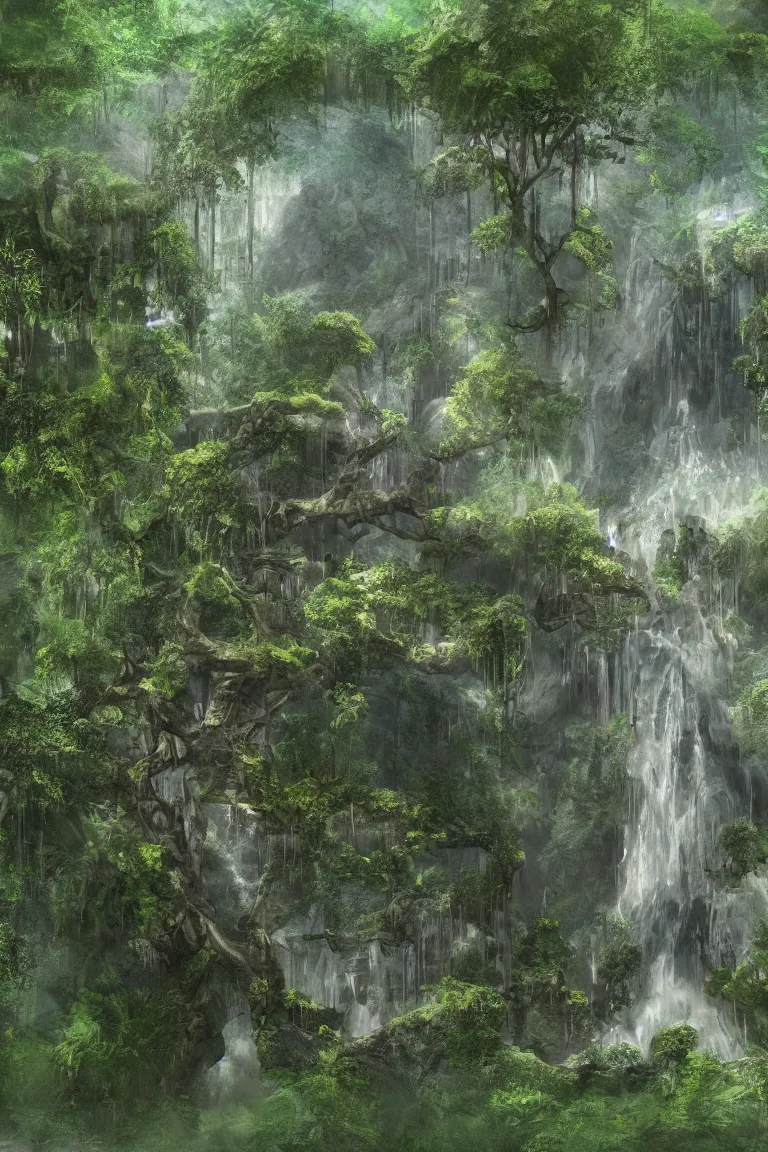 Image similar to a victorian mansion carved into a huge tree beside a waterfall in a dense jungle, concept art