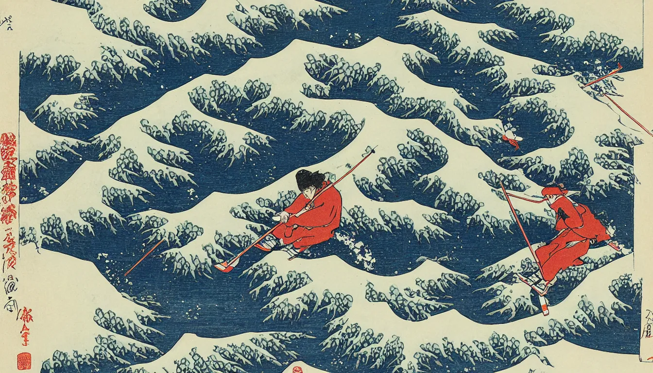 Prompt: skier by hokusai, ultra detailed