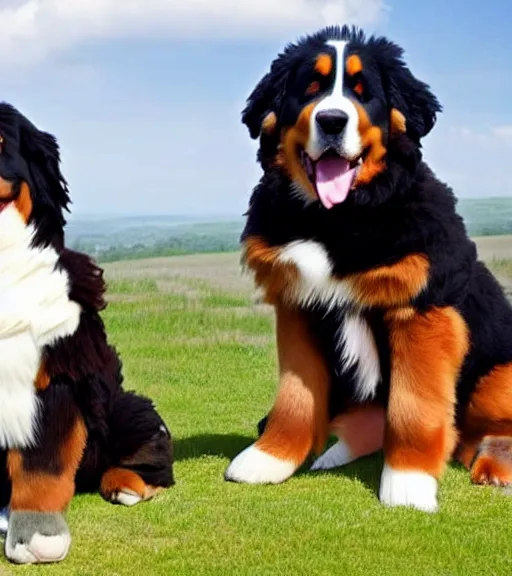 Prompt: a bernese mountain dog sitting next to a person, the person is a small toy figurine, the dog is a large large dog